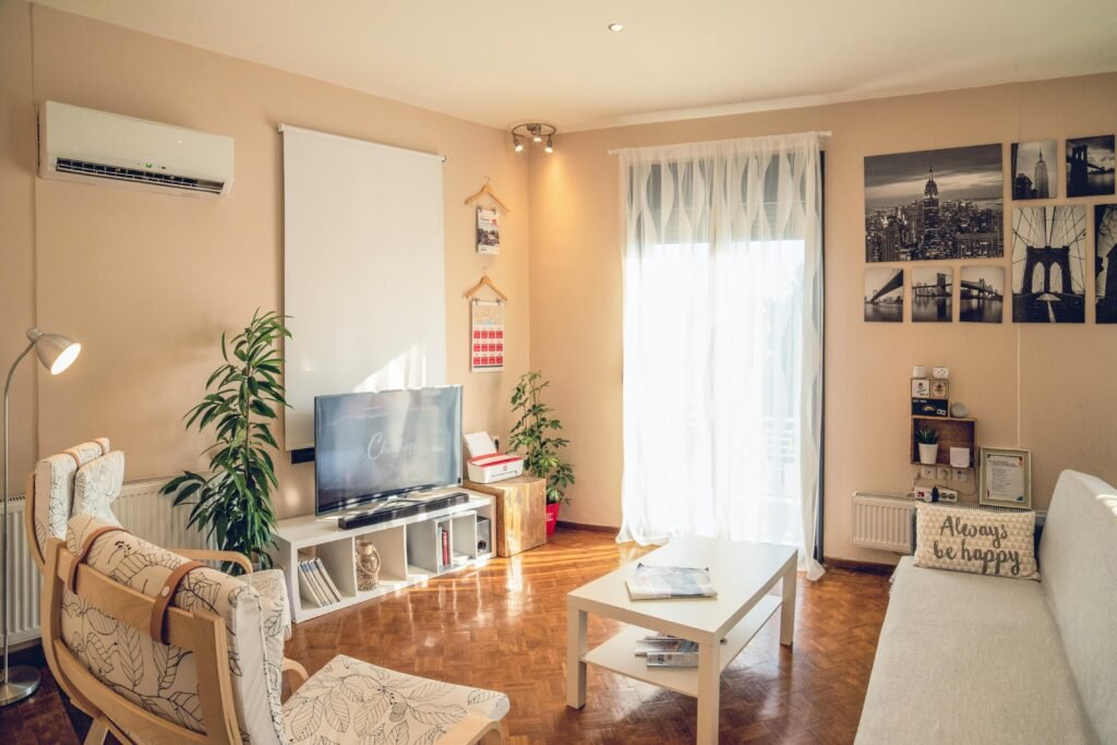 Bright, modern living room interior with neutral tones in Kavala, Greece.